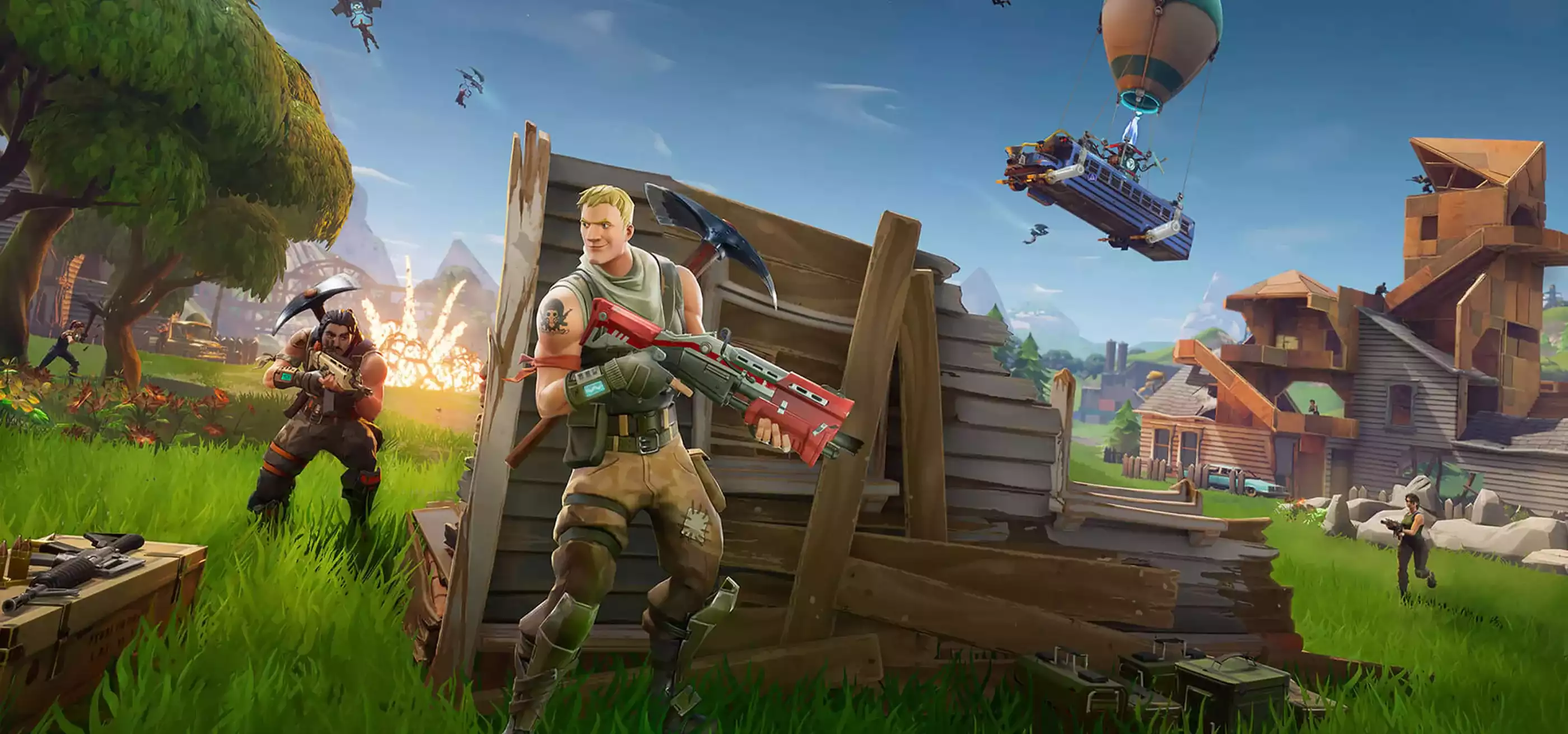 Screenshot from Epic Games' Fortnite featuring a character smiling as he hides behind a wooden barricade