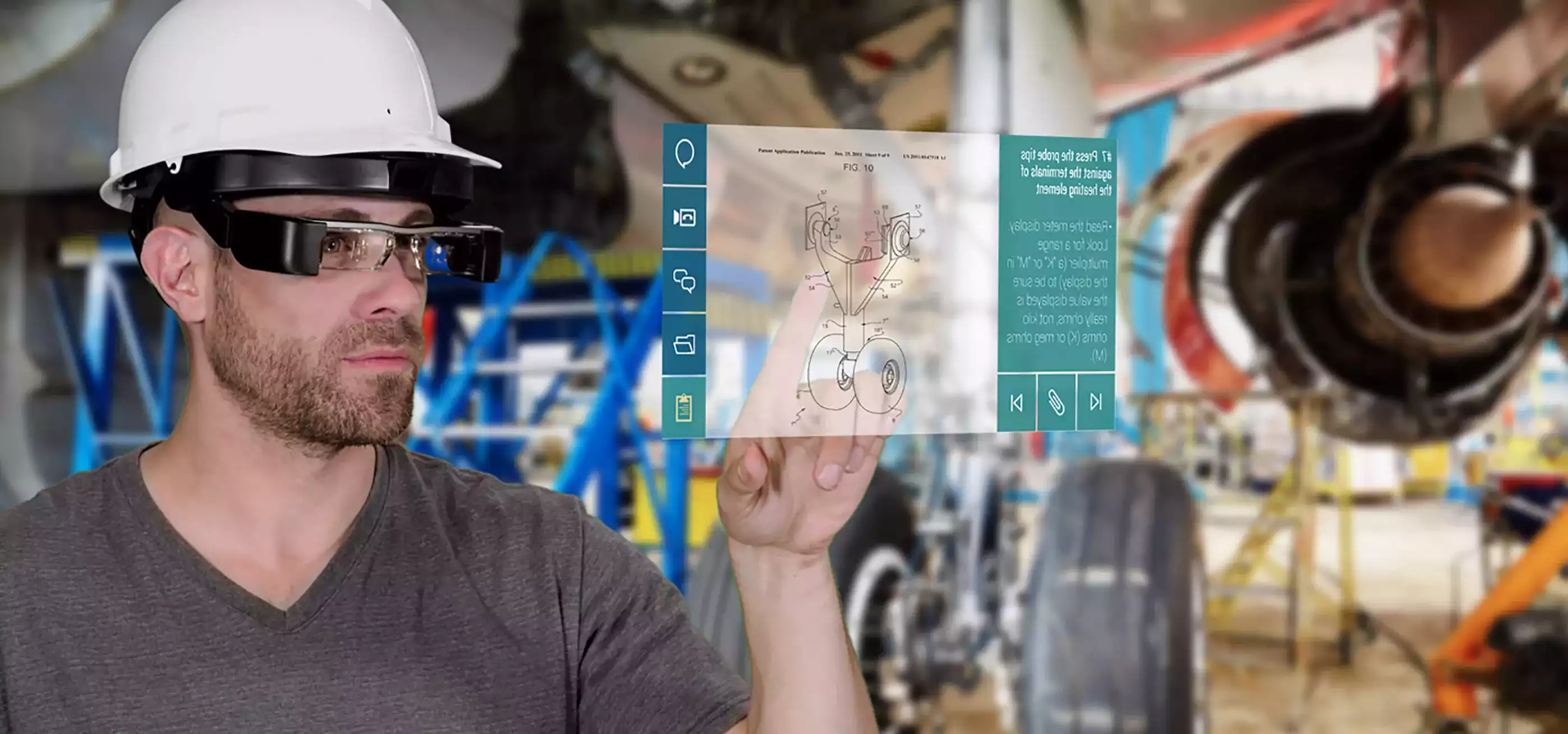 An aerospace engineer wearing a hard hat and Atheer AR's wearable augmented reality glasses interacts with an AR interface displaying schematics of a plane part.