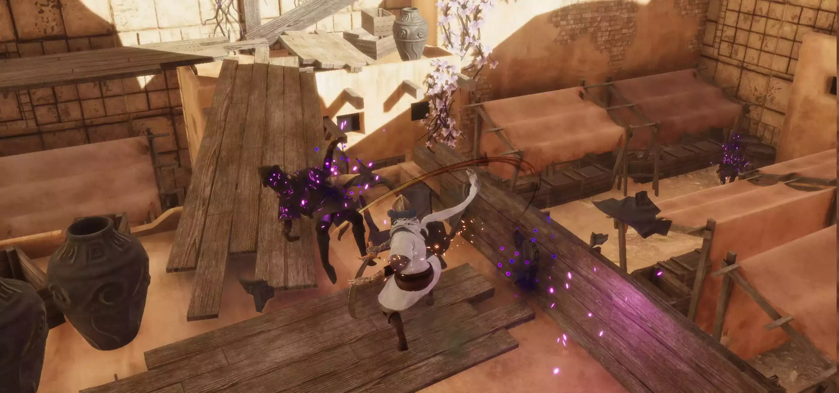 Screenshot of a hero in white slashing an enemy with a large blade atop a platform.