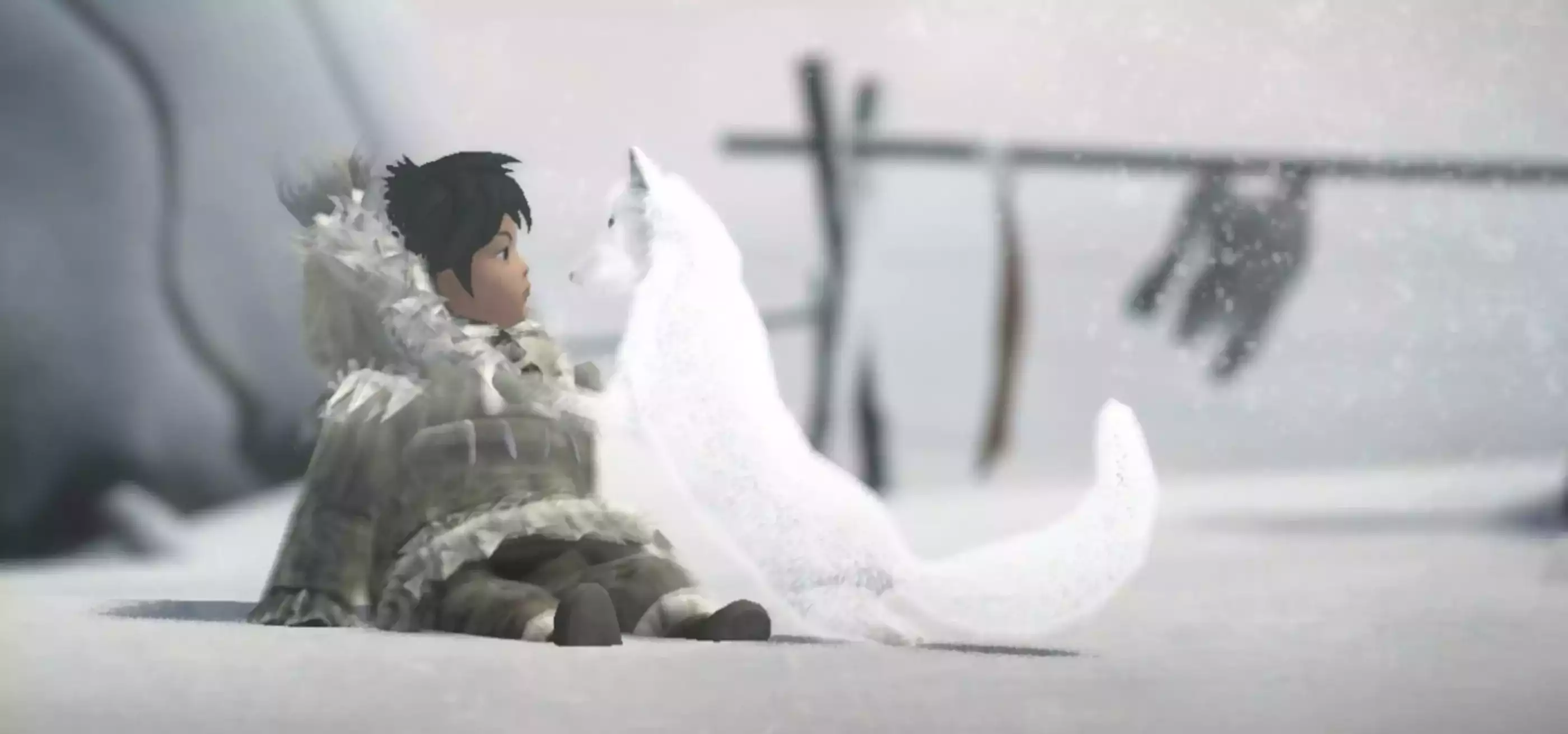 Screenshot from Never Alone of young villager Nuna and her arctic fox sitting in the snow