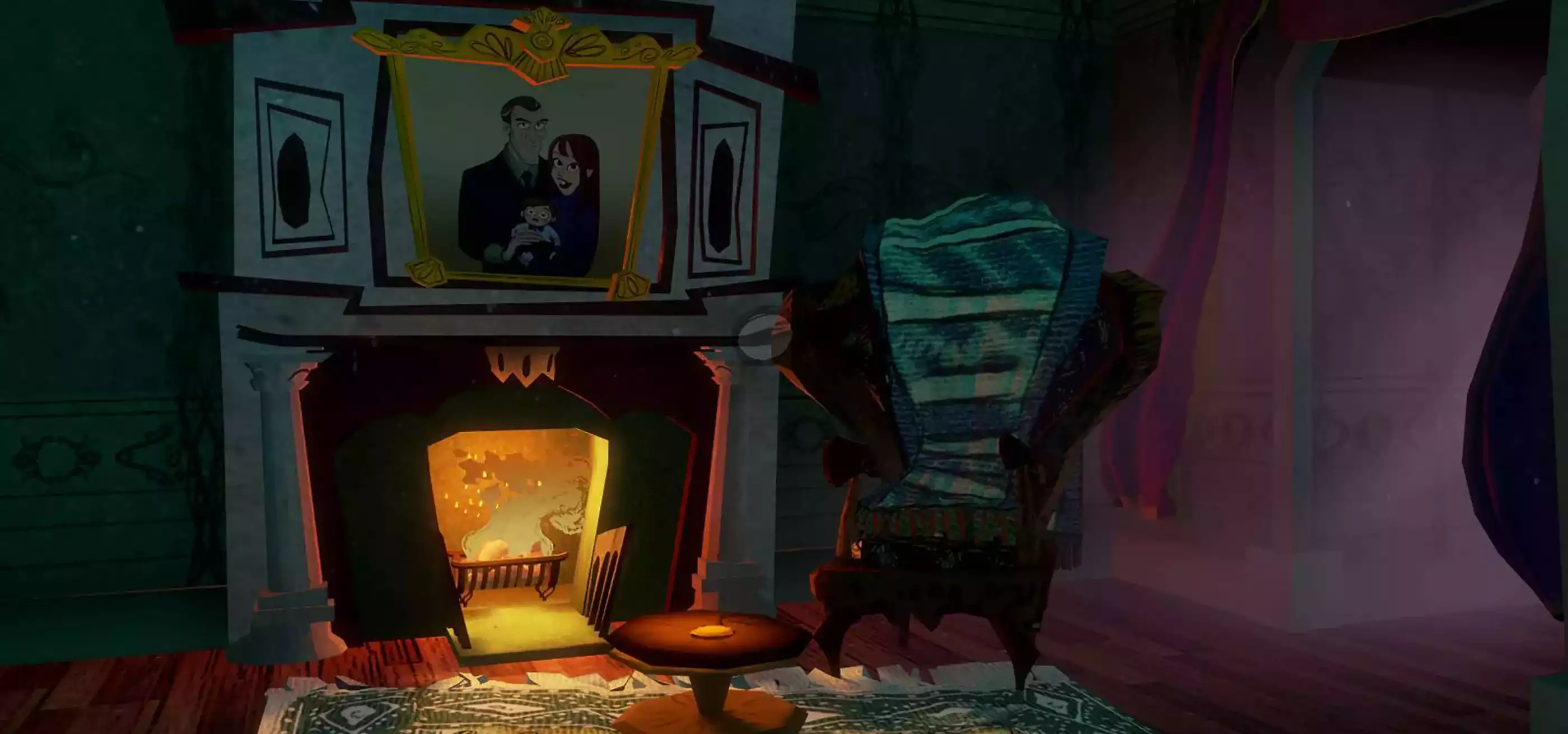 Screenshot from Penny Blue Finds a Clue featuring a darkened room with a family portrait above a fireplace and a wing chair beside it