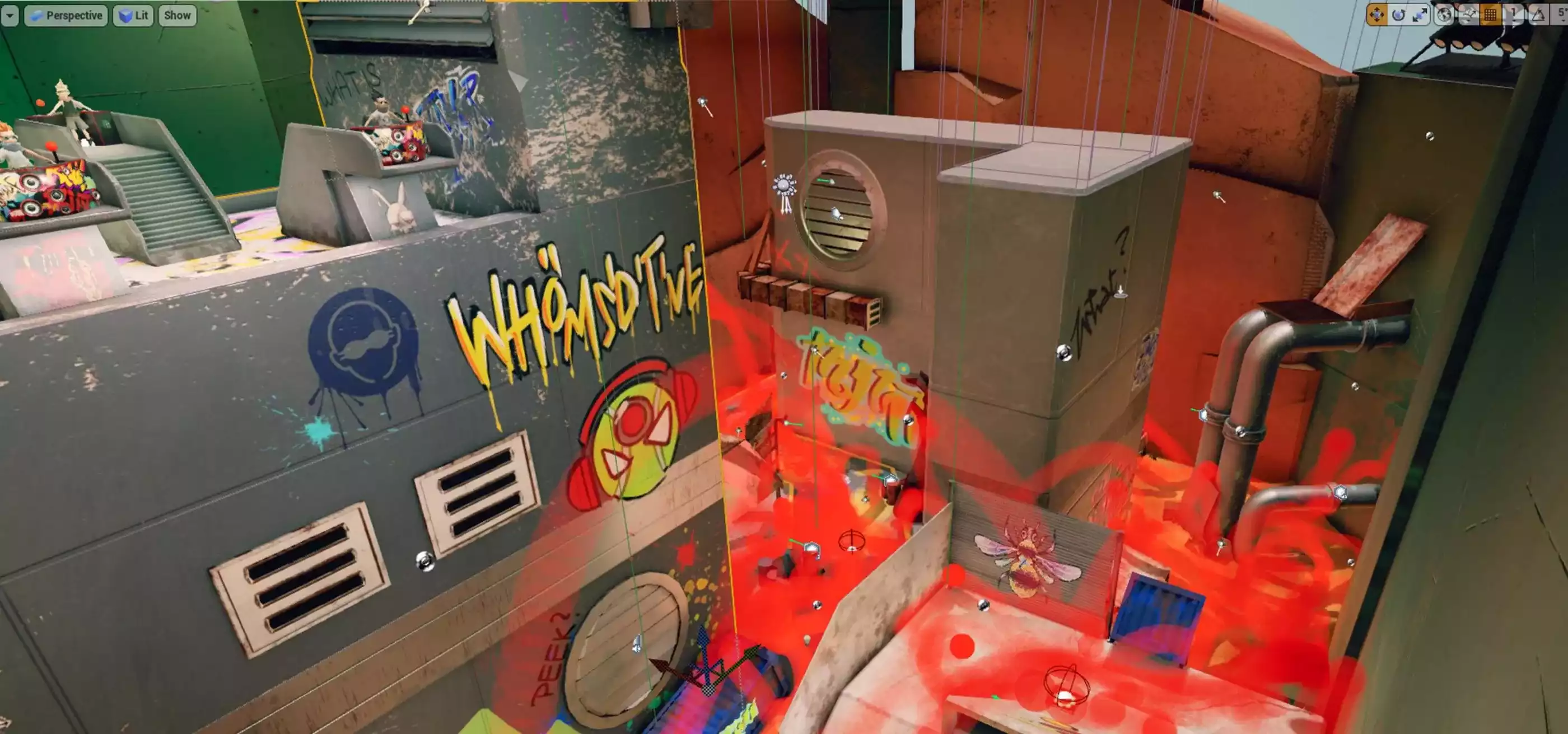 In-game screenshot of rusty, silver buildings splashed with colorful graffiti.