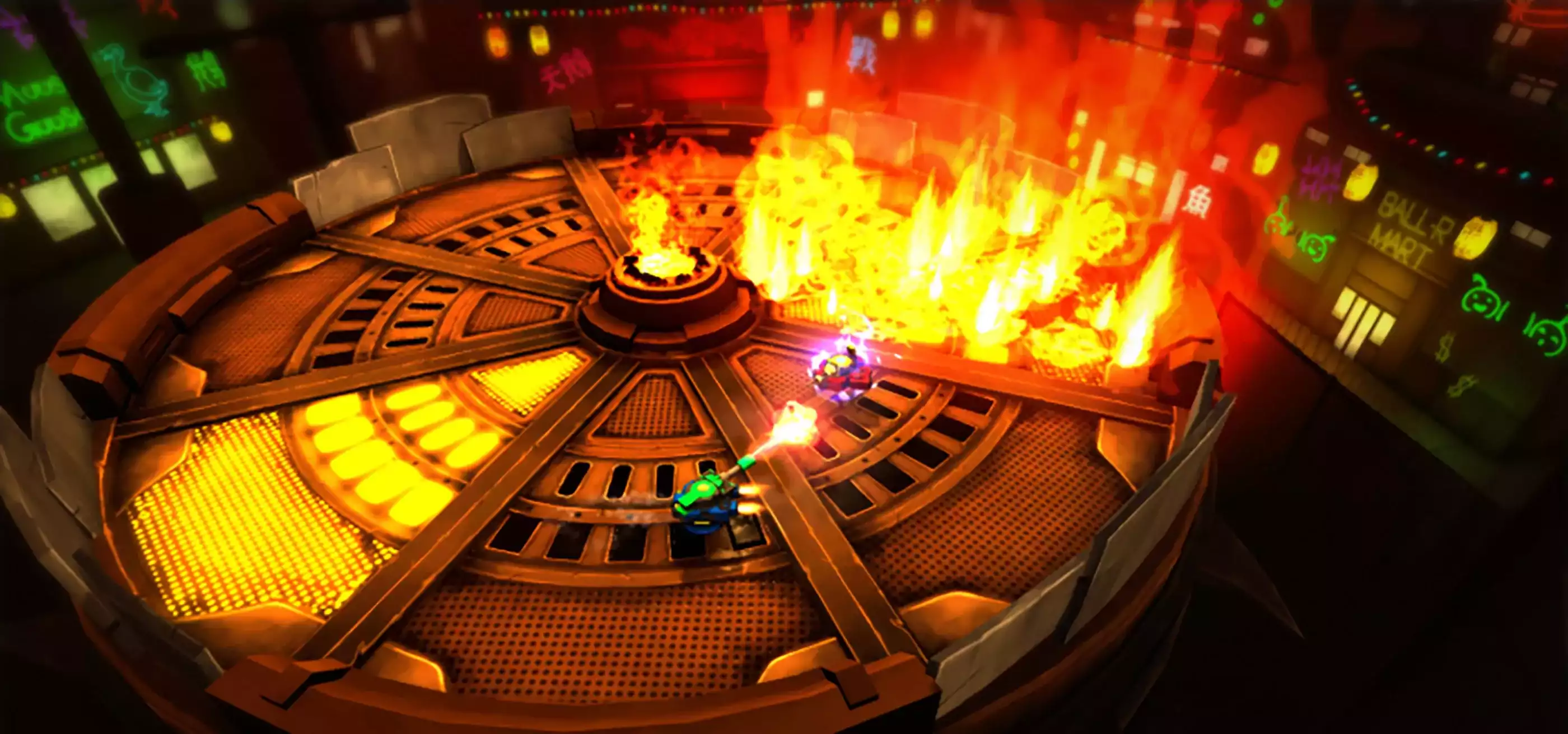 Screenshot of student game Wingman in which two hoverships battle in a circular arena where the floor is bursting in flames. 