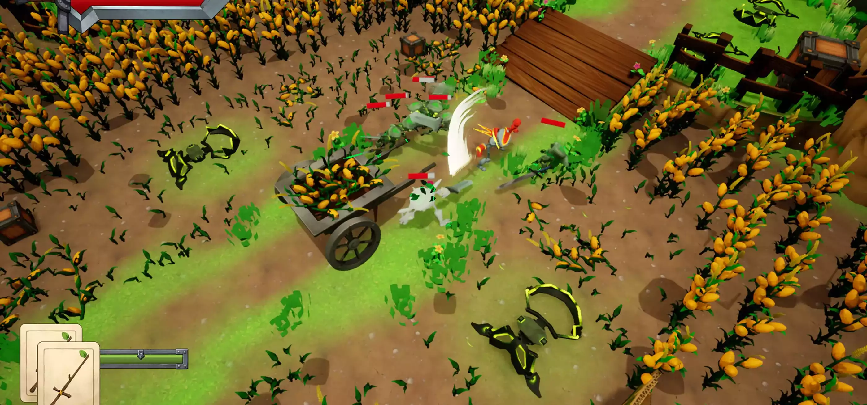 Excalibots screenshot: Robot knight swings sword at cluster of enemy goblins in a field of flowers