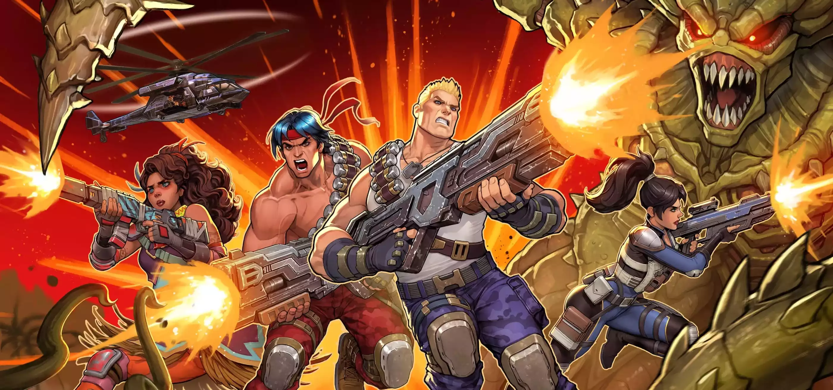 Cartoon illustration of four armed commando soldiers with alien creature attacking.