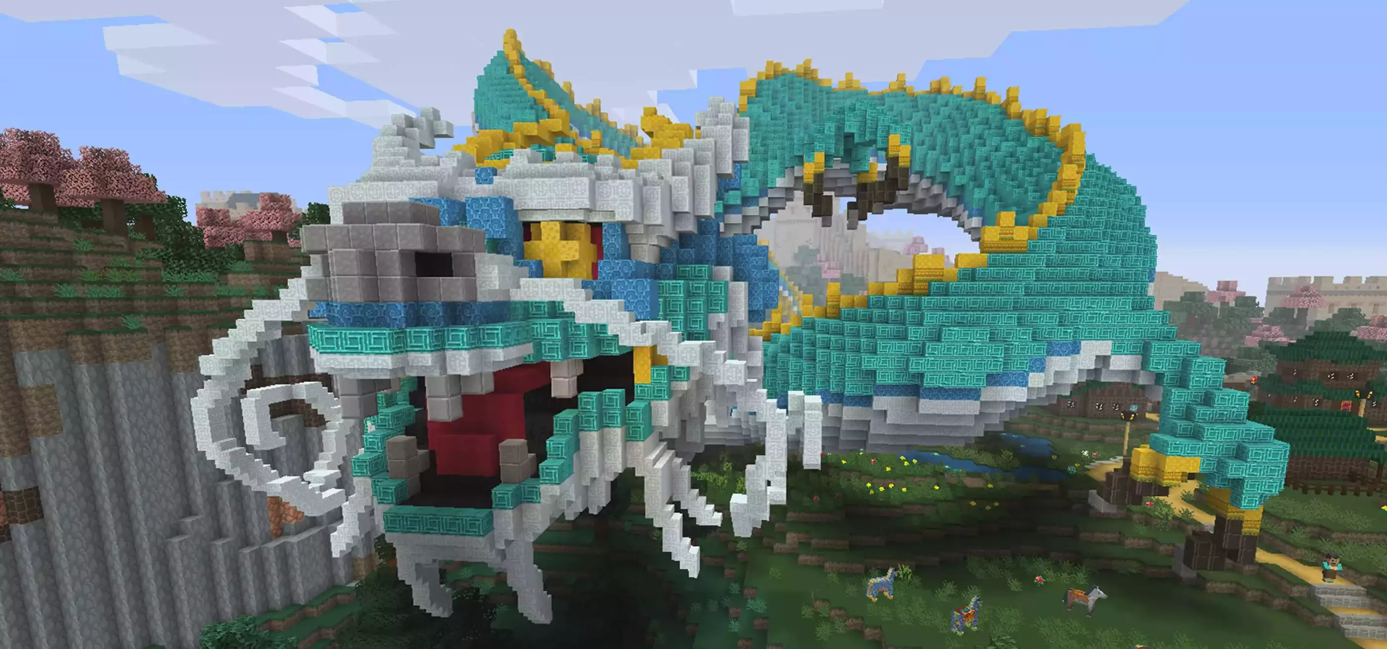Screenshot of a huge Chinese-style dragon made out of blocks from Minecraft