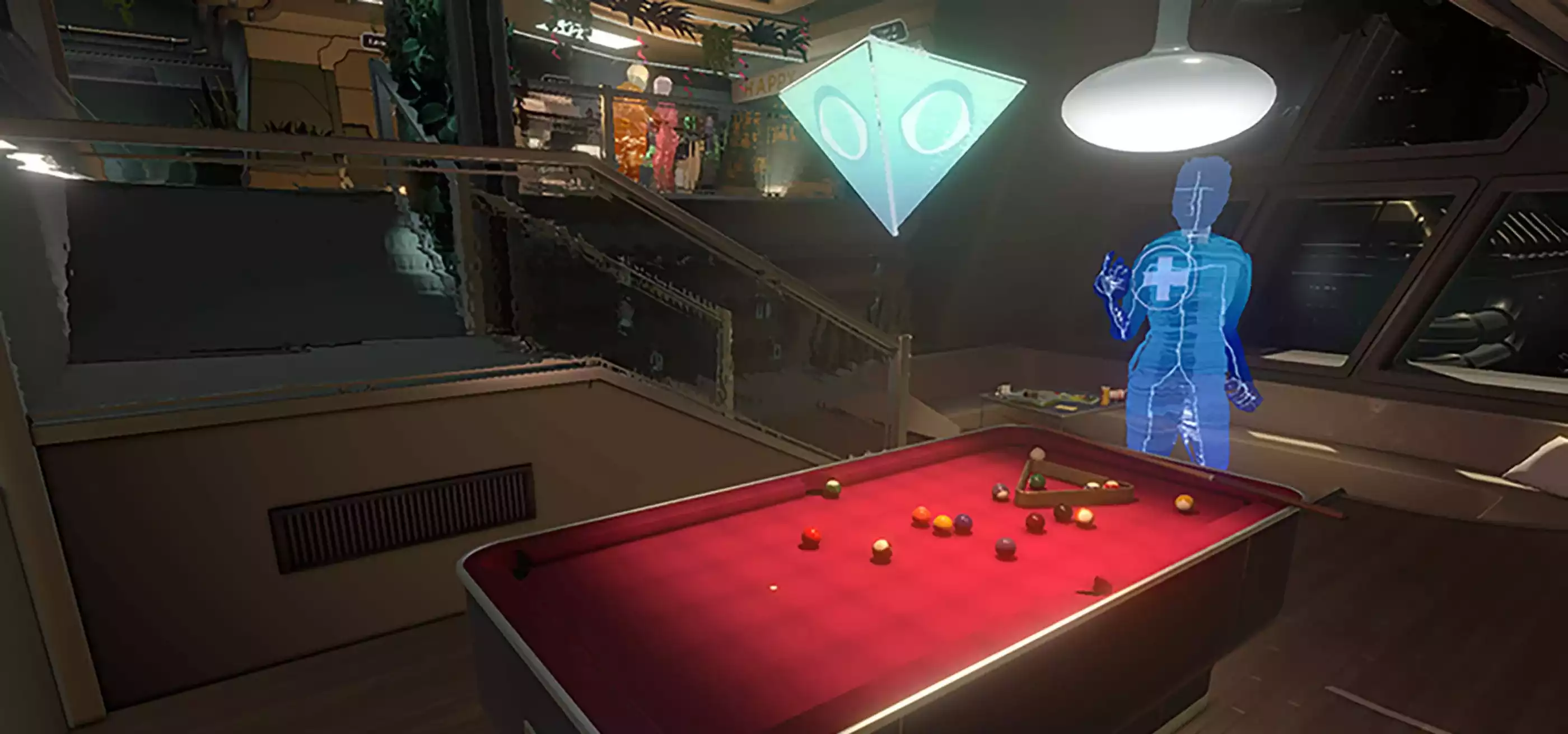 A faceless character plays pool in this screenshot from the Fullbright Company's game Tacoma