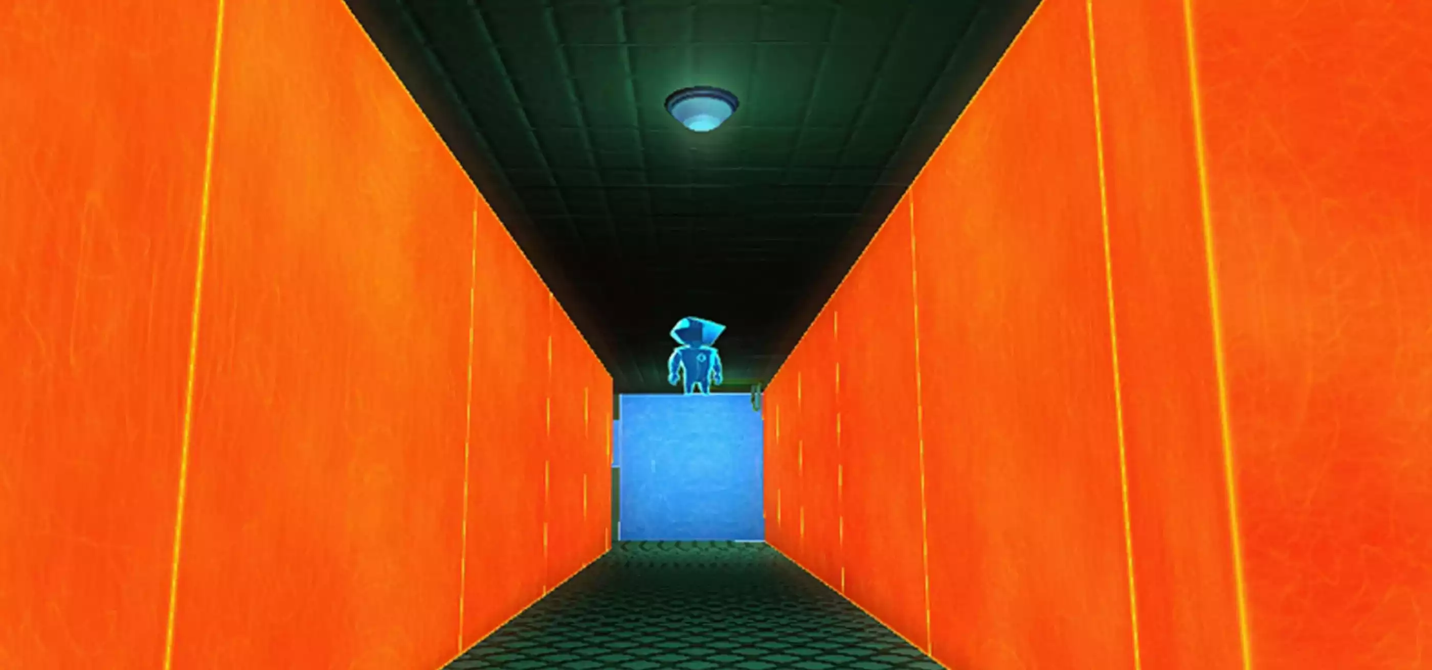 Screenshot from DigiPen student game Perspective of a character gazing down an orange-walled hallway
