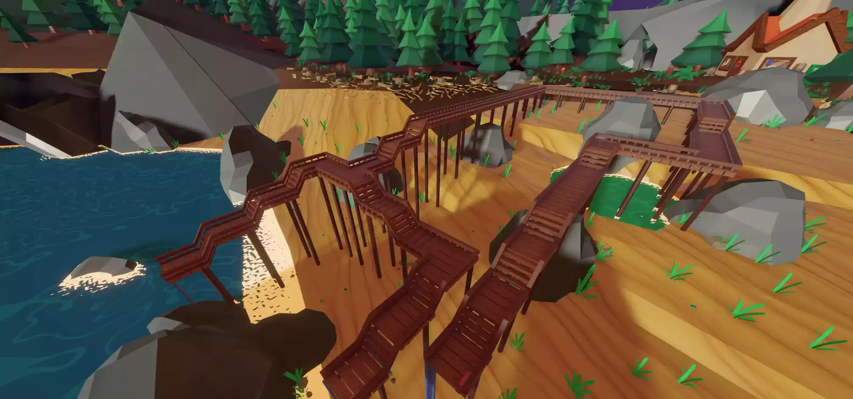 The expandable dock from Sip Fisher extends out into the lake over the player-drained portion of the lakebed.