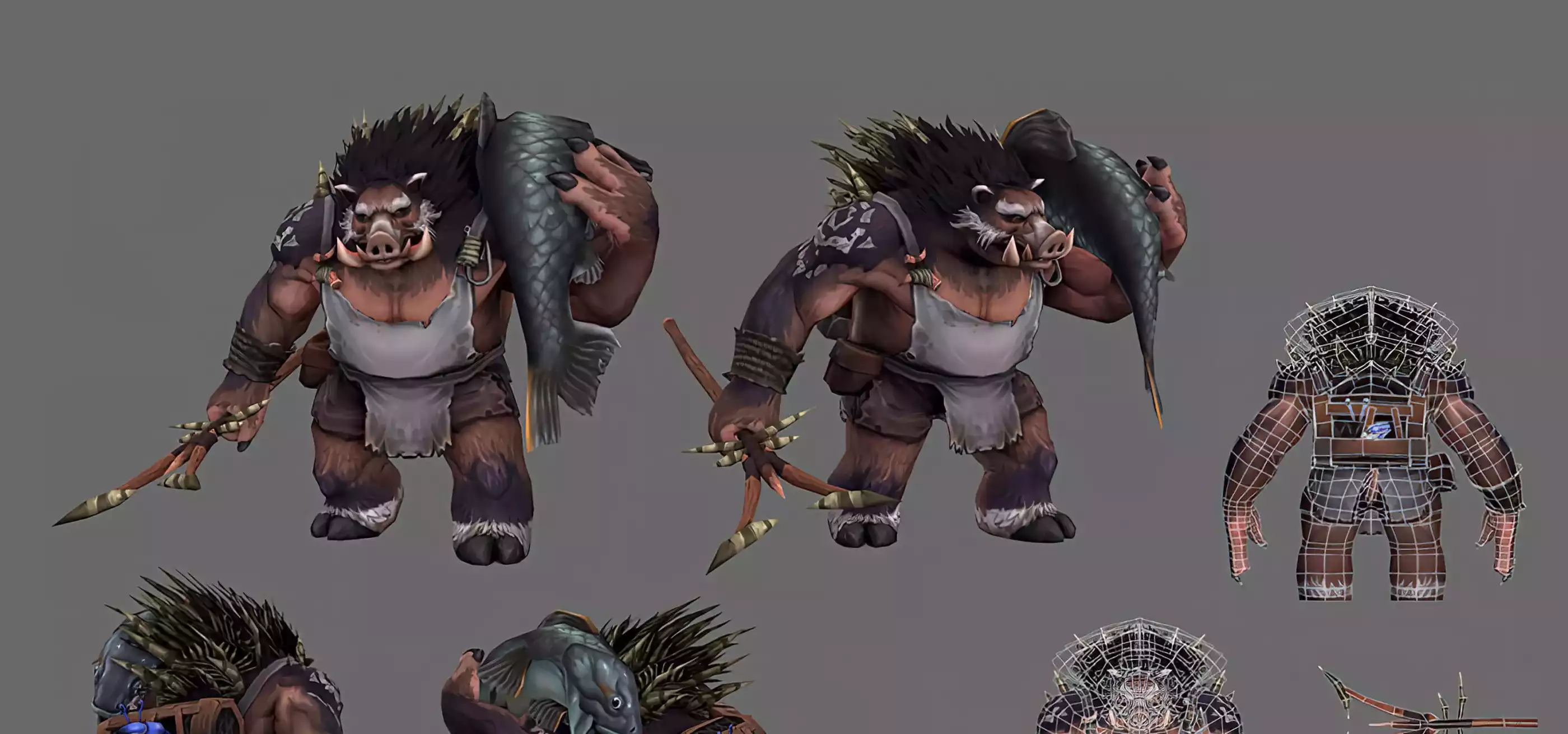 A 3D turnaround of a boar character holding a large fish and a spear.