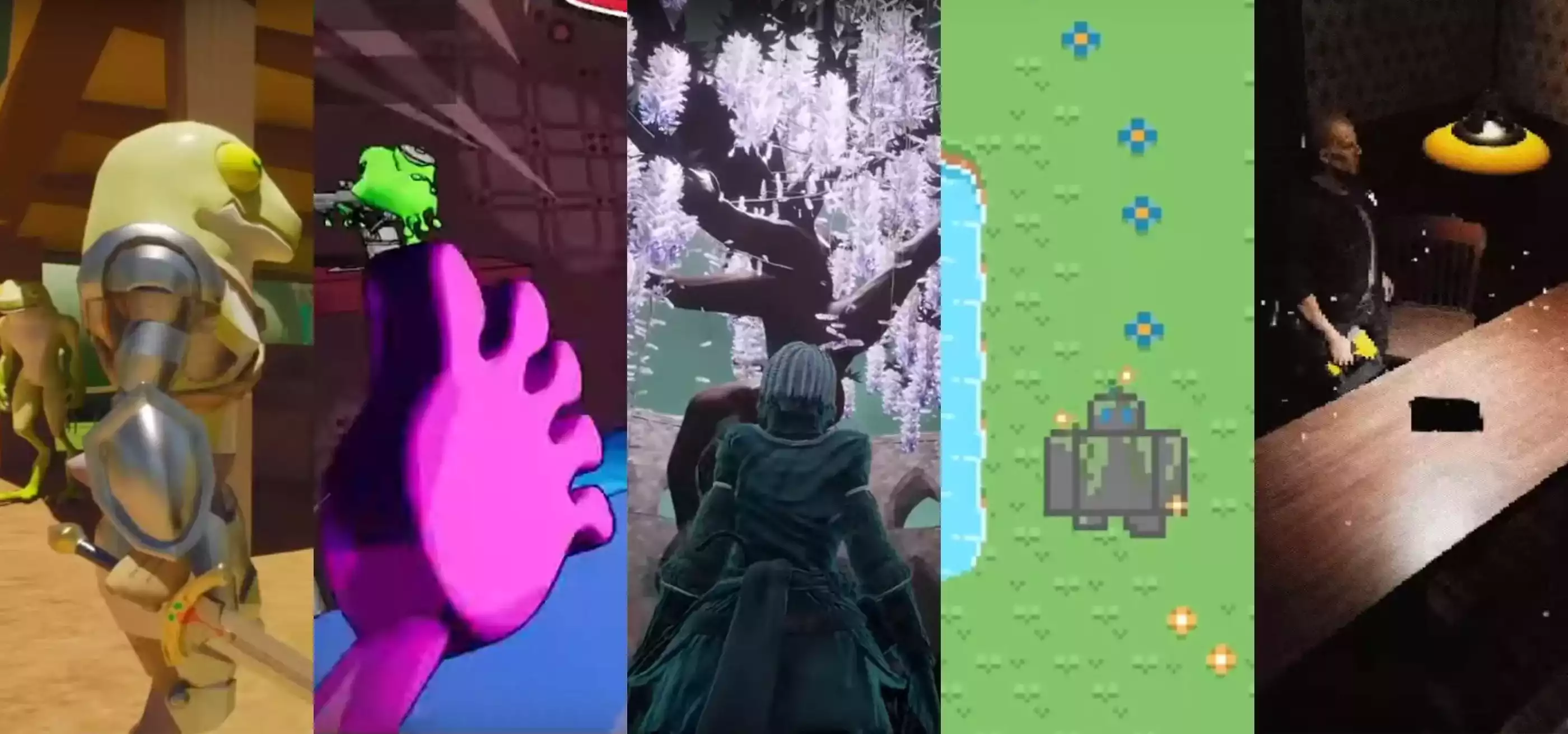 A selection of screenshots from five DigiPen games featured in the 2024 Student Game Showcase.