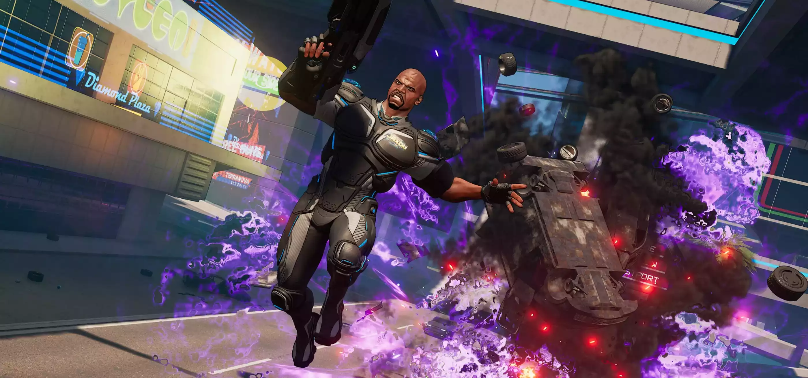 A man in a futuristic black jumpsuit leaps away from a purple-hued explosion of a truck overturning behind him on a road