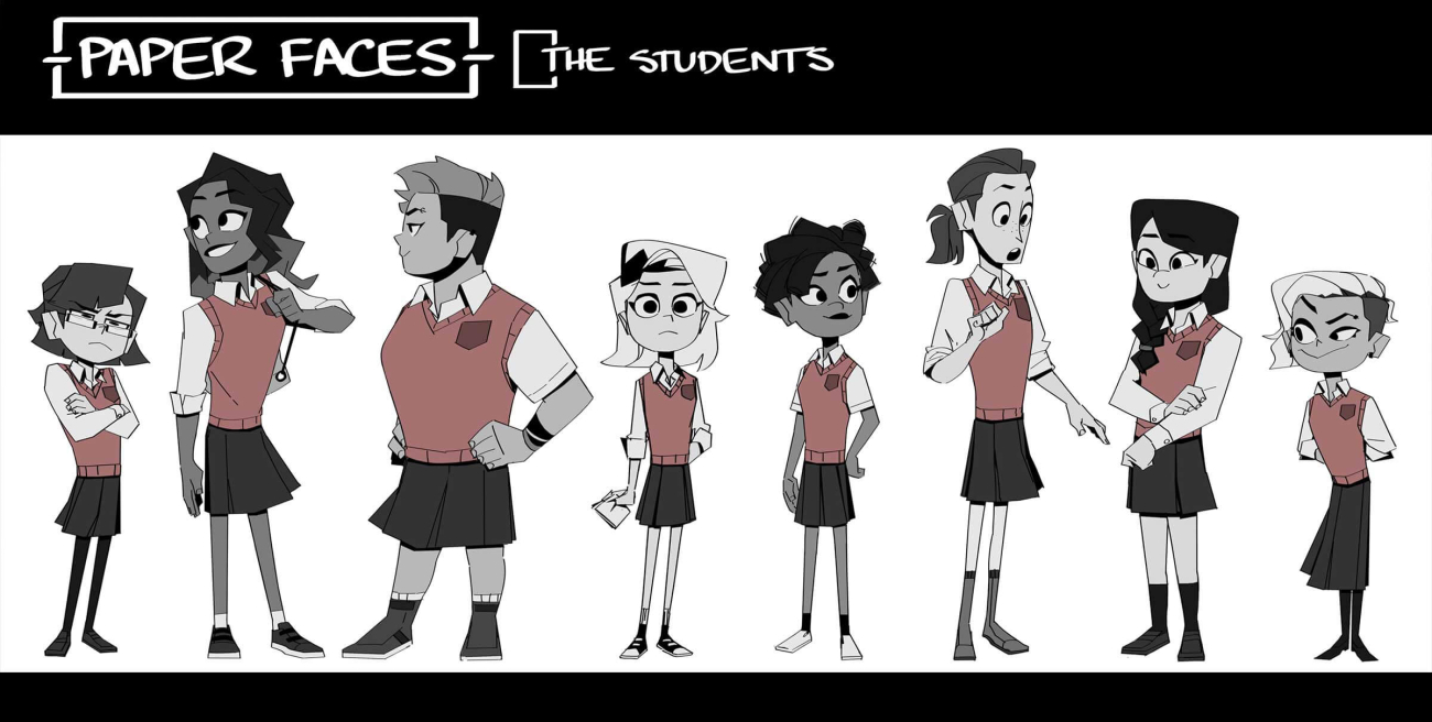 Concept art of various characterized students in a red school uniform.