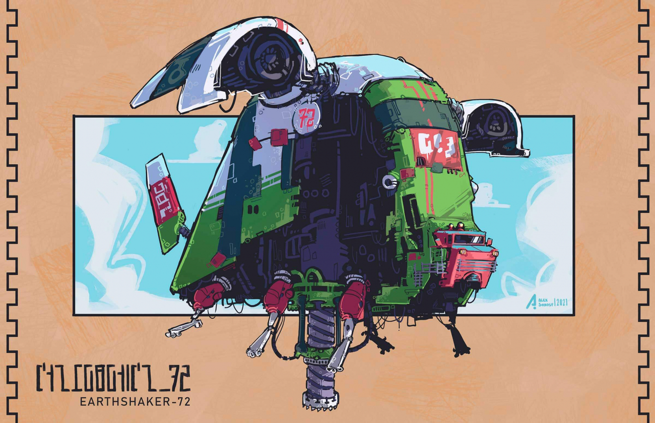 Art of a futuristic spaceship that is tall, chunky, and painted green.