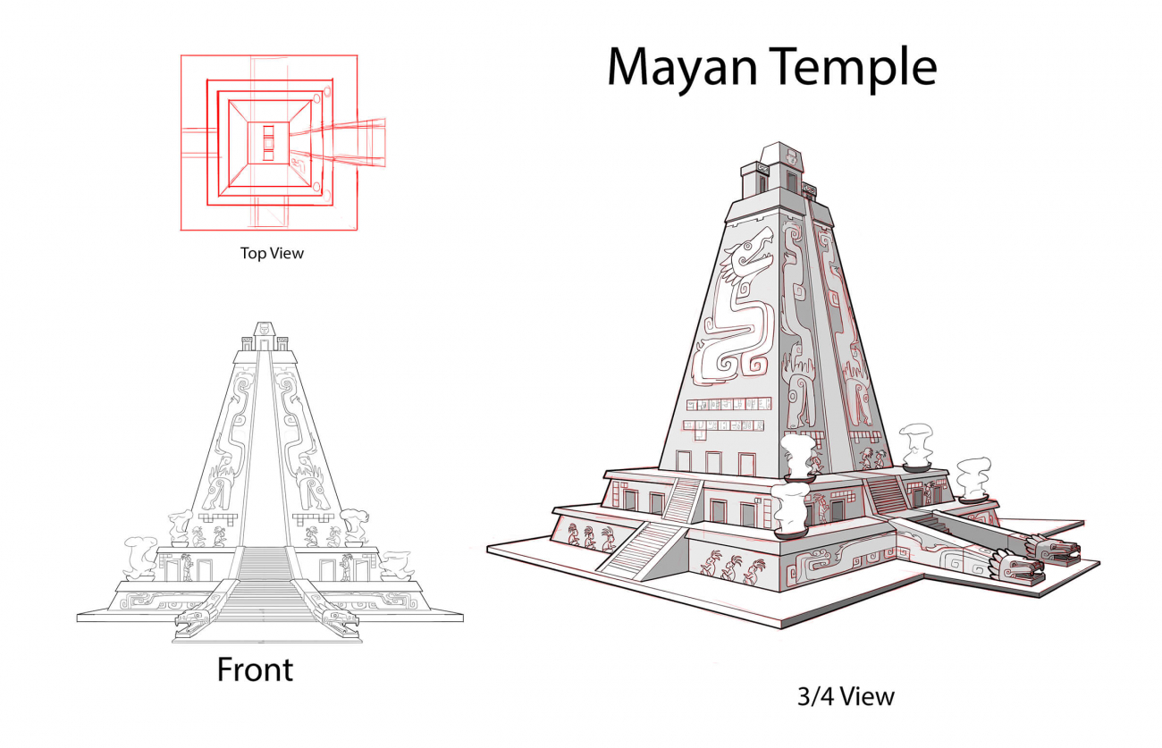 Multiple sketched views of a Mayan temple