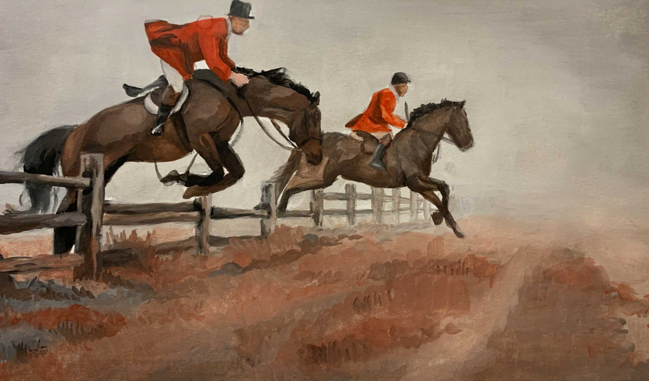 Two men ride horses who are jumping over a fence.
