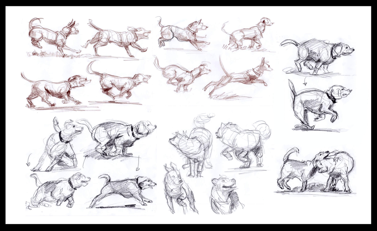 drawing of dogs in various states of play