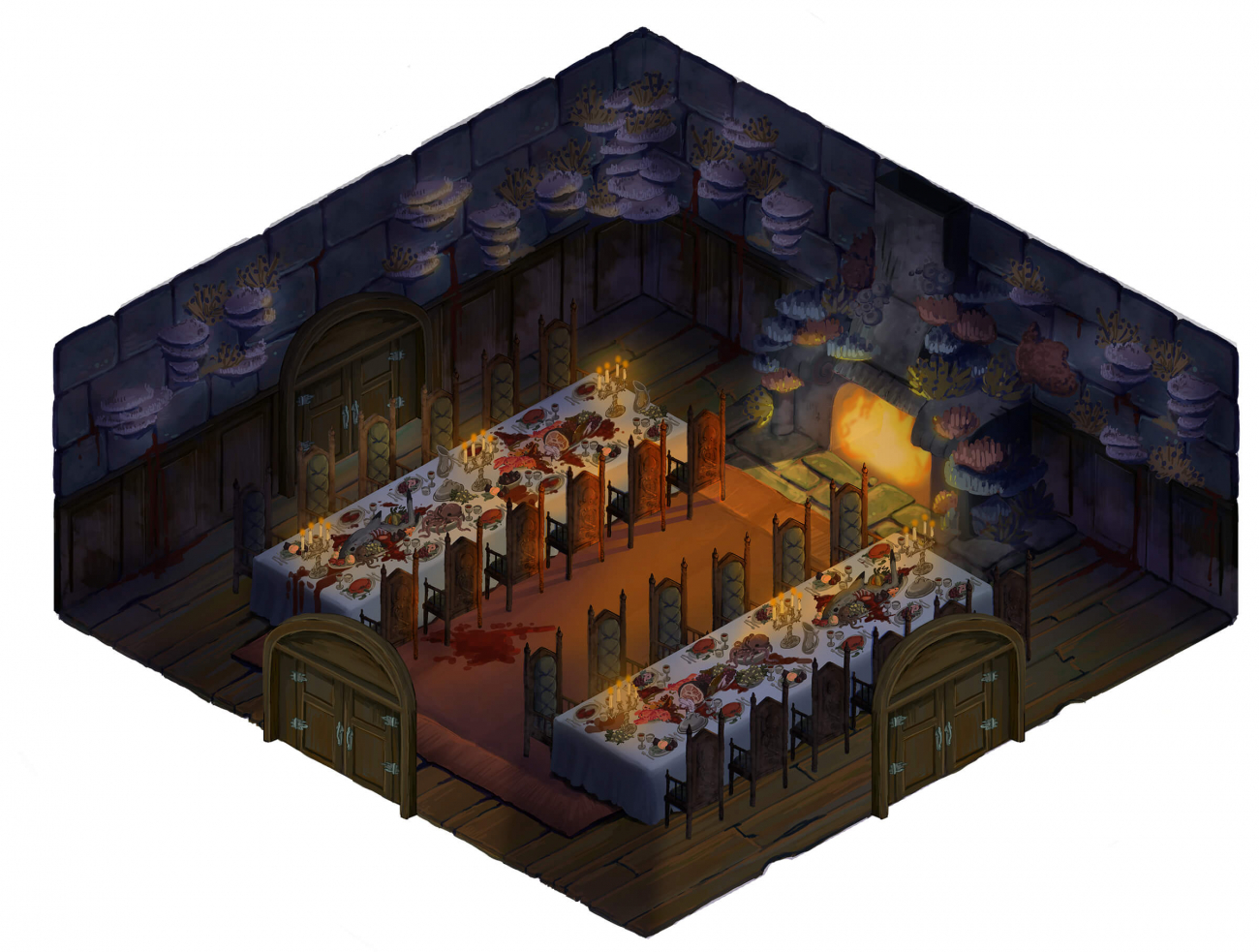 A top-down view of a dungeon with two tables laid with a feast