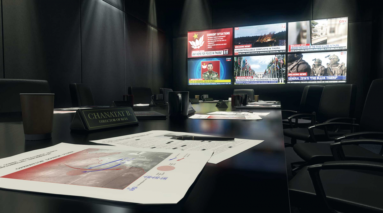 A director's desk with papers on top and televisions in the background.