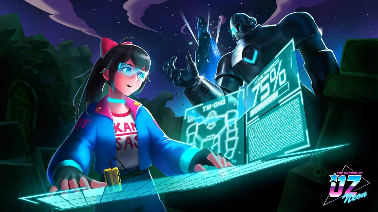 A girl works on an electronic overlay while a robot stands in the background.