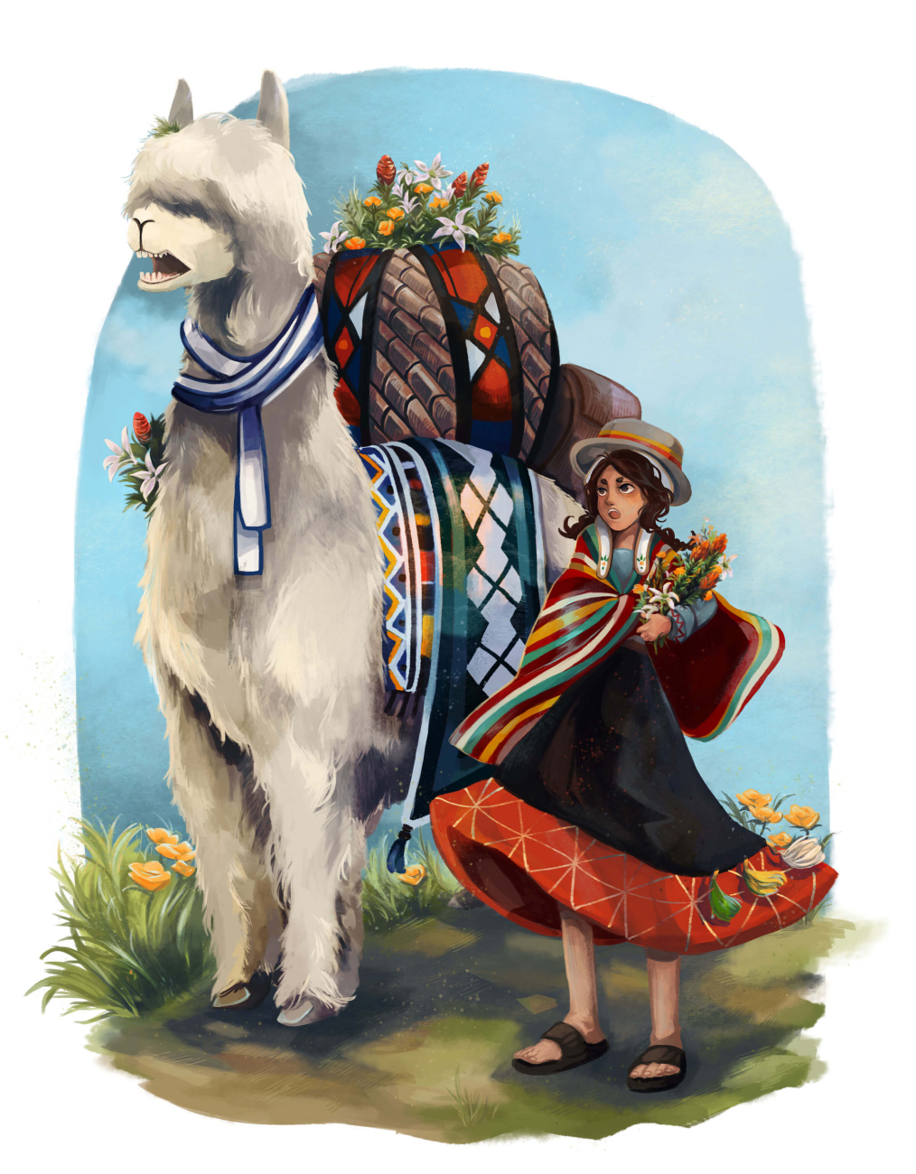 An open-mouthed girl and her llama, both in traditional dress