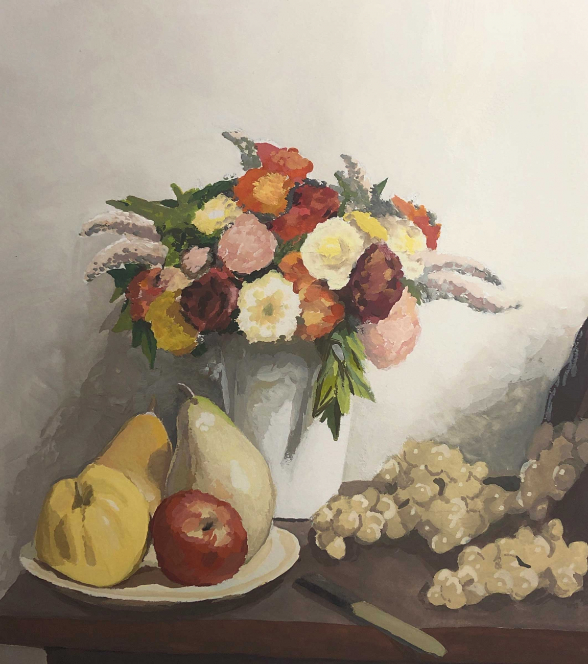 A painting of a pot of flowers and a plate of fruit.