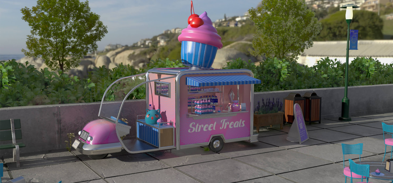 A food truck called "Street Treats" with a giant cupcake on its roof
