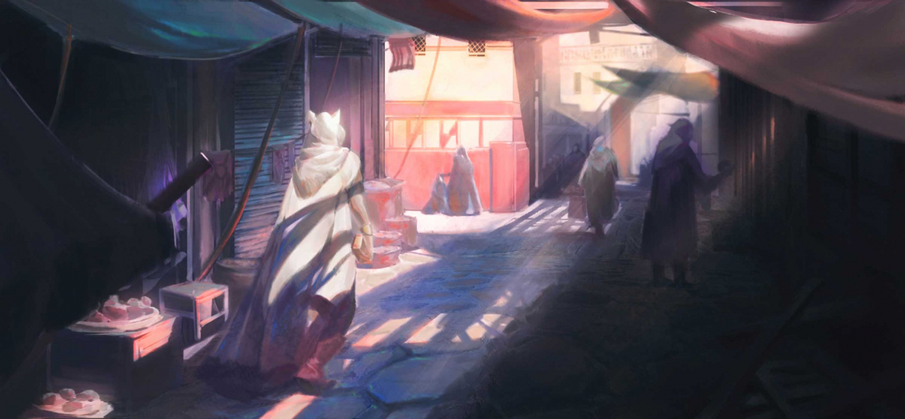 Cloaked figures roam around shaded city streets.