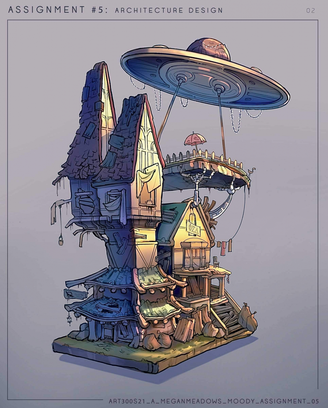 A house with various add-ons and a UFO at the top.