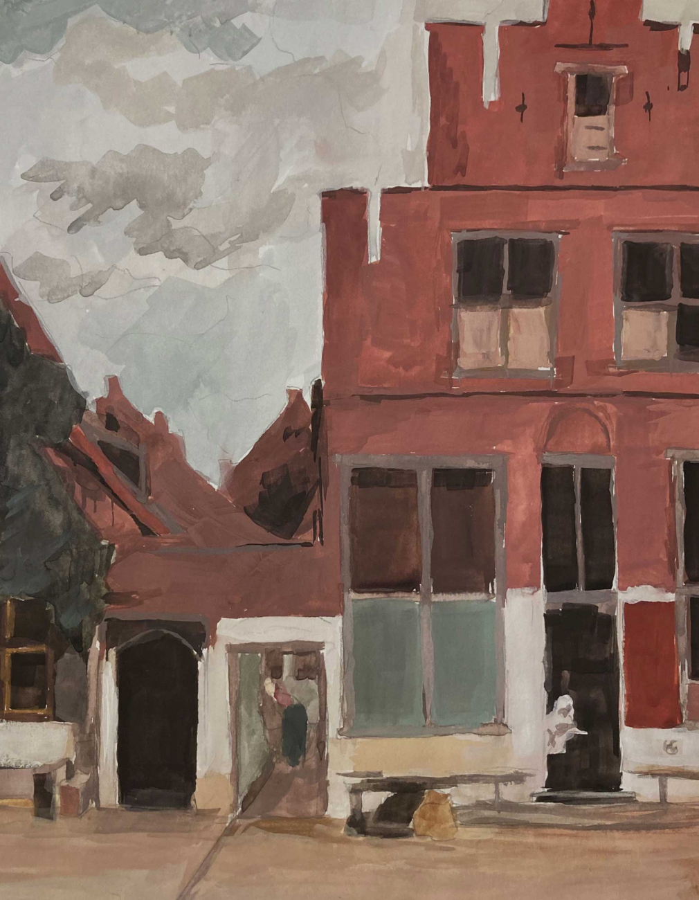 A painting of a red building in a town square.