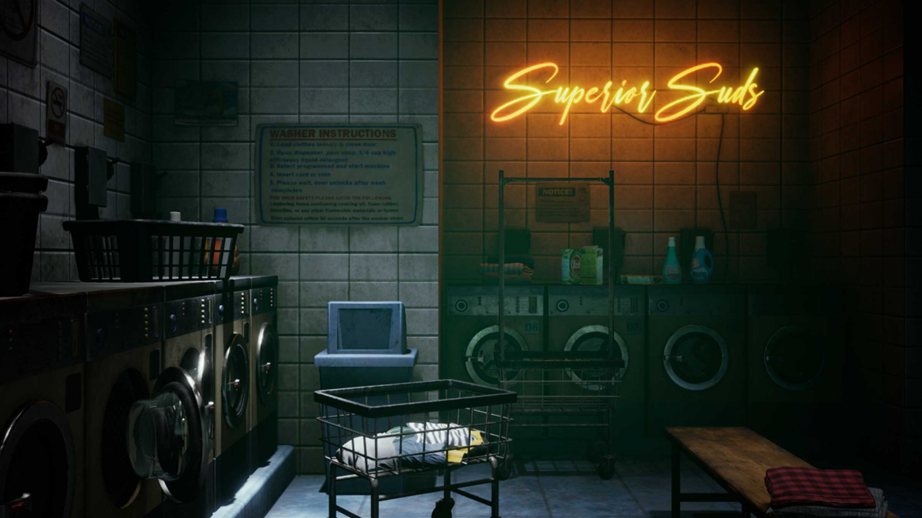 A dark laundromat with an orange neon sign in the background.