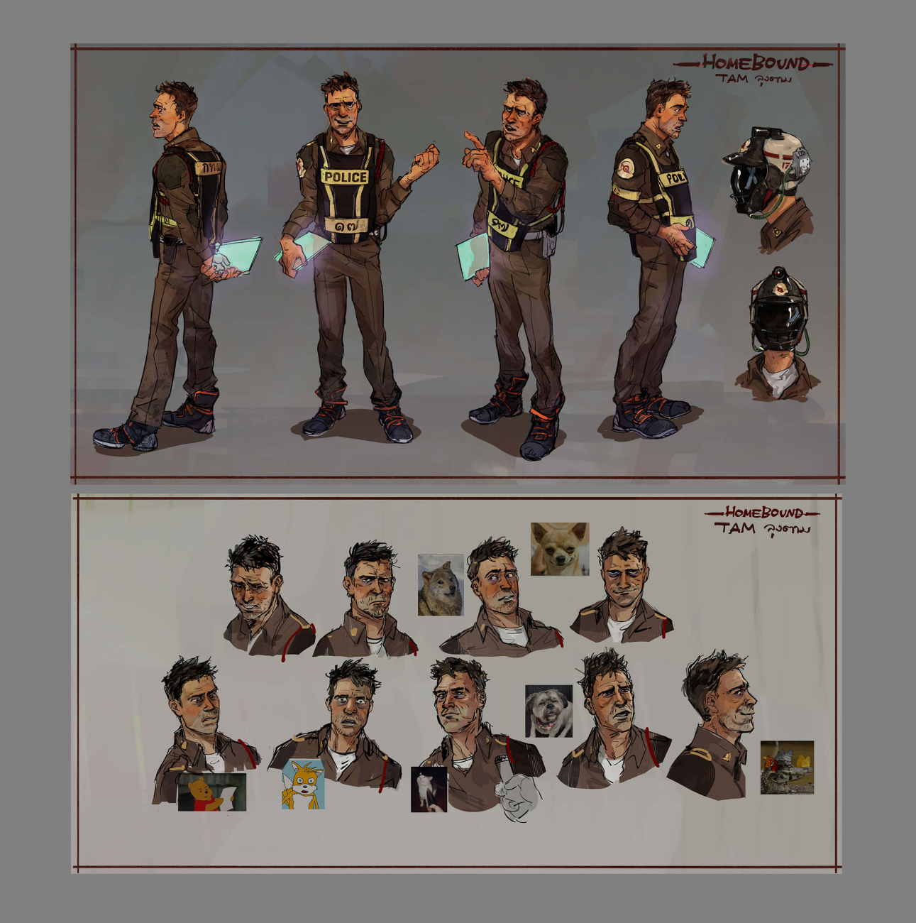 Various poses of a rumpled policeman character