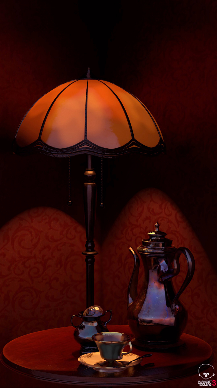computer-generated 3D environment featuring a pink-shaded lamp and a silver tea service on a small table 