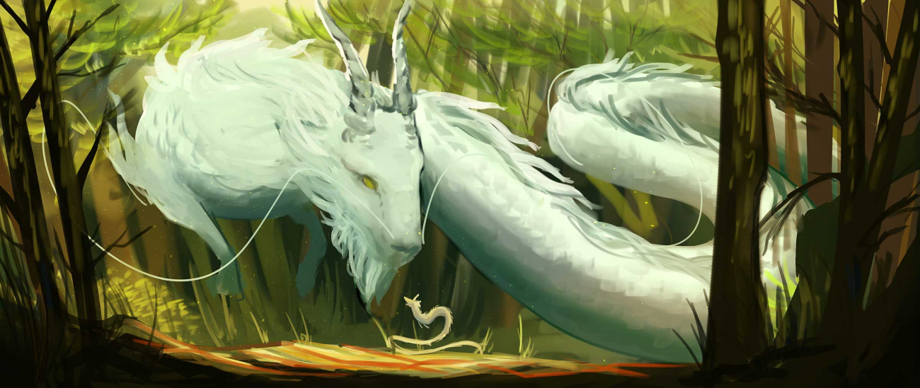 A serpent-like dragon floats before a smaller dragon in a forest.