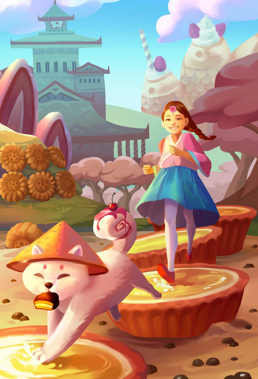 A girl and her dog run through a land made of candy and chocolate.