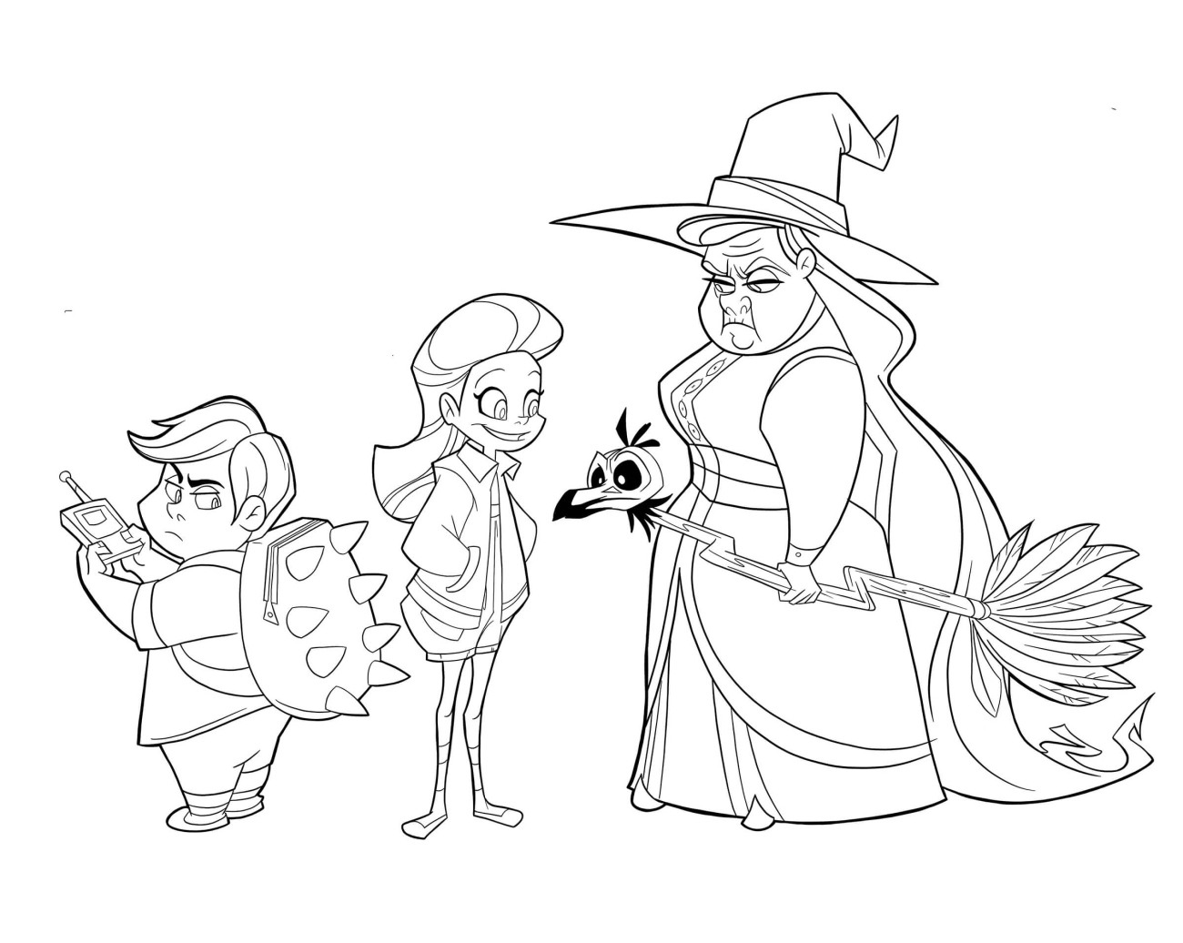 A digital drawing of a cartoonish witch and two children