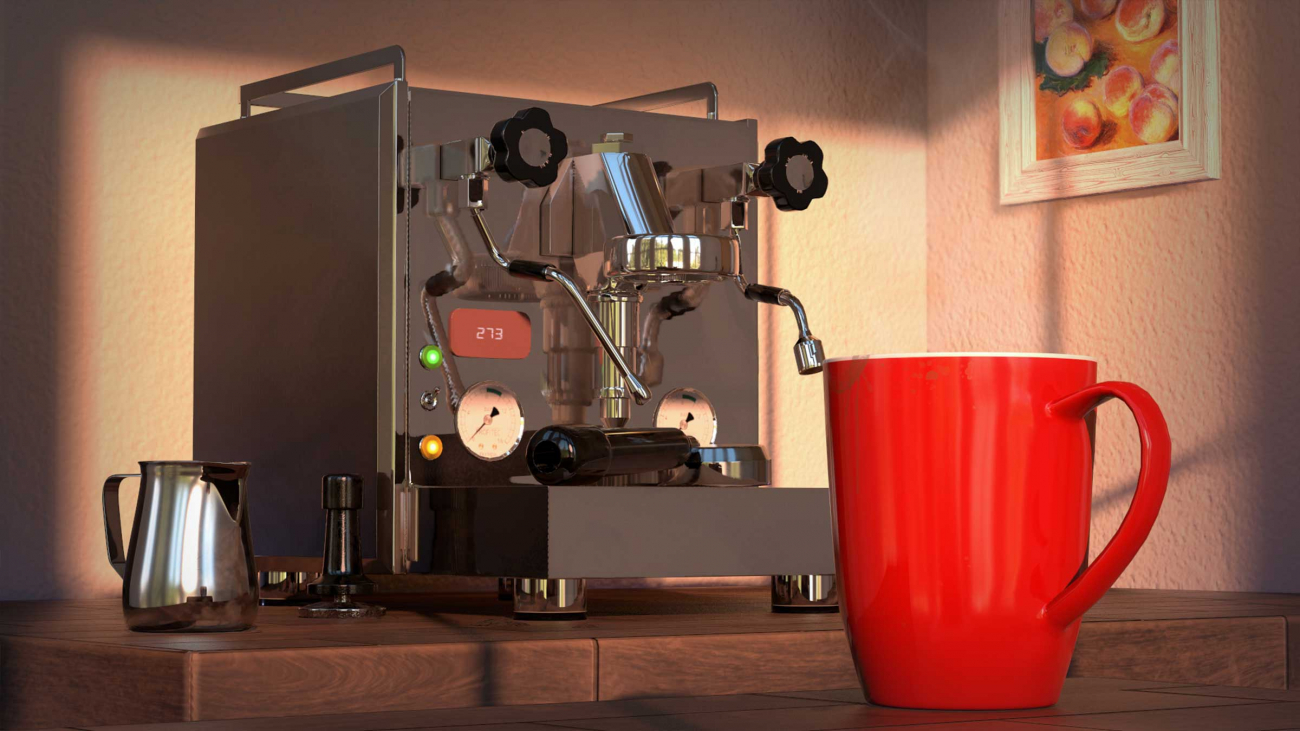 An espresso machine next to a red mug.