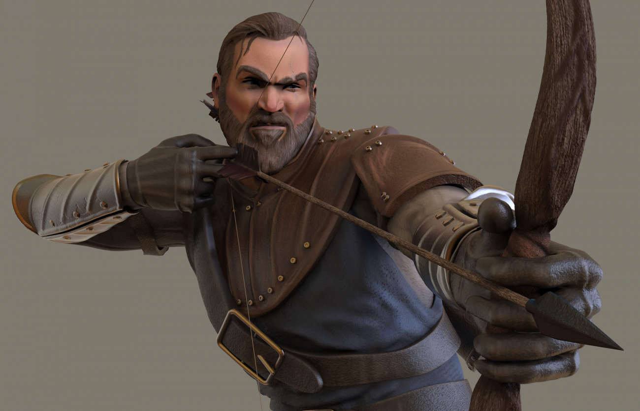 computer-generated 3D model of a bearded man getting ready to shoot an arrow