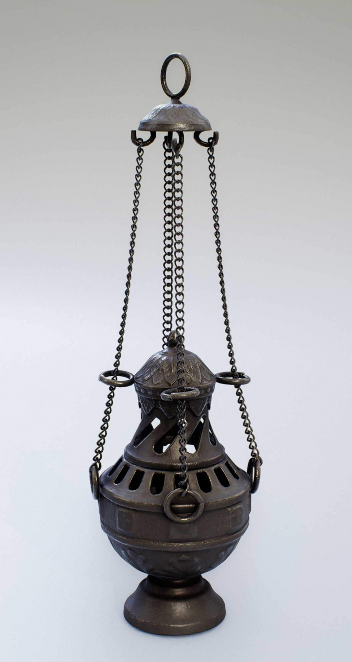3D model of a tarnished brass incense dispenser held by chains