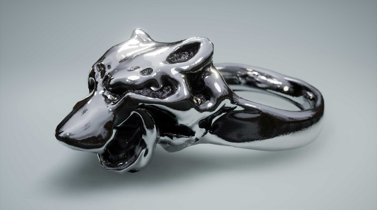 3D model of an dark silver ring with a wolf head on it