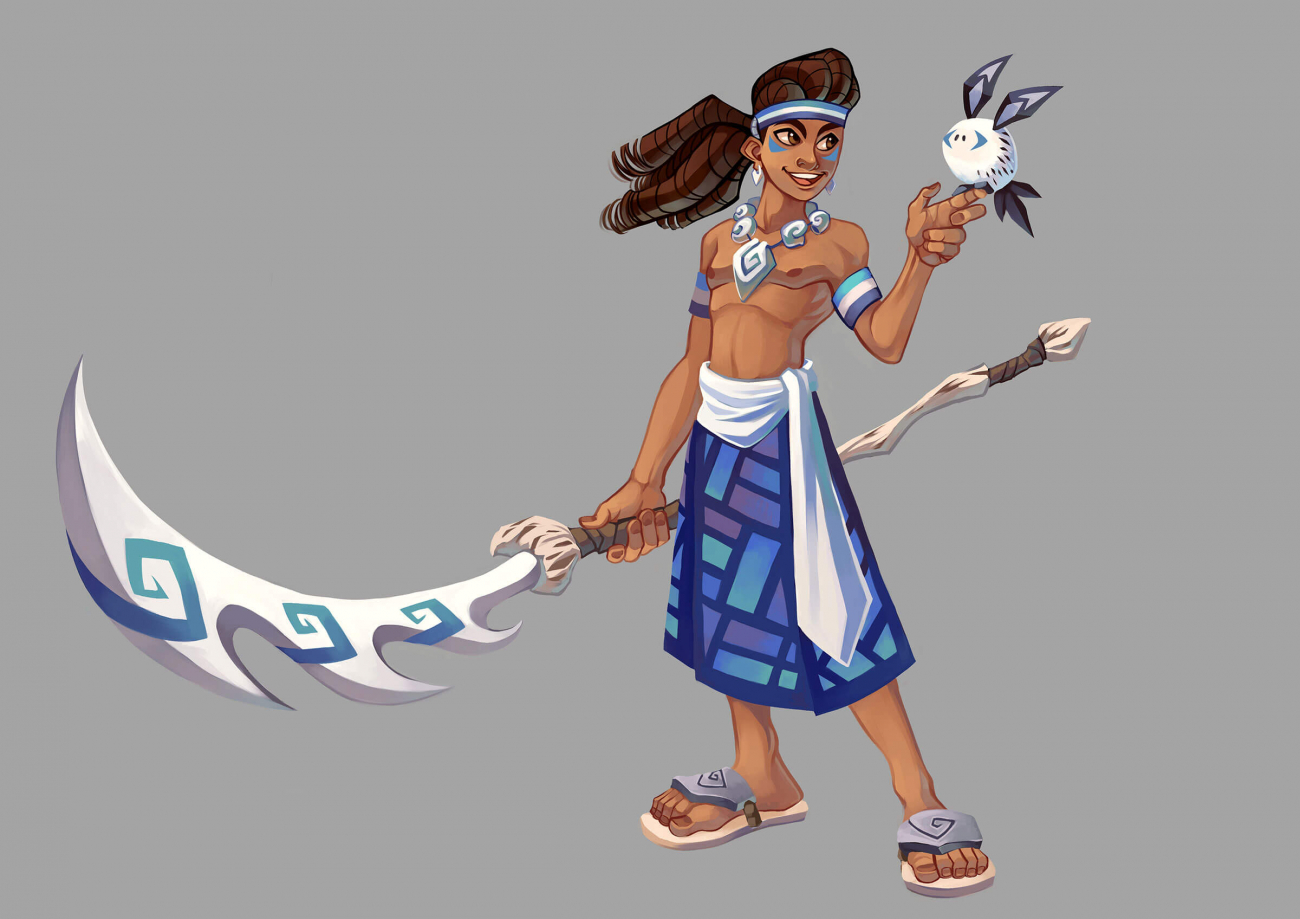 Man with spear in stylized Pacific Islander dress